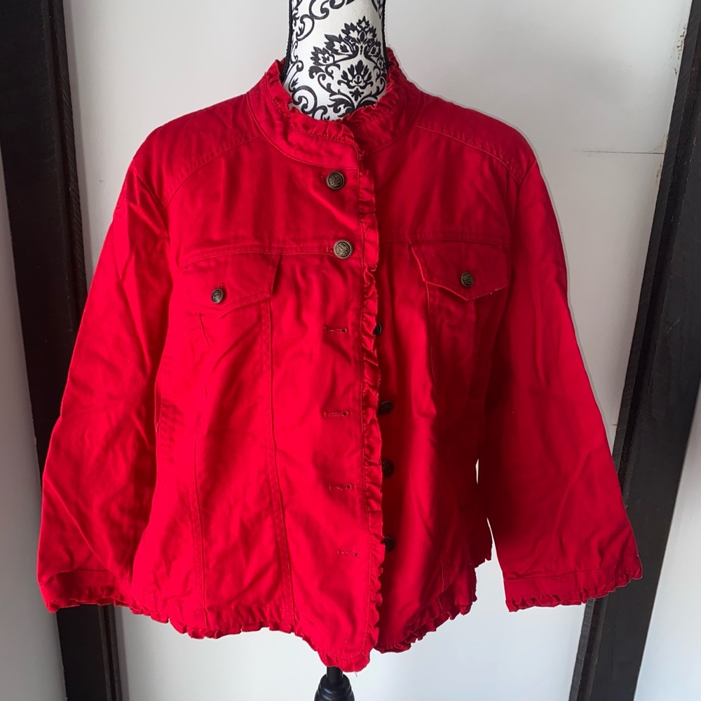 Sandro Studio Size 2X Red Jacket with Ruffled Edges and Breast Pockets